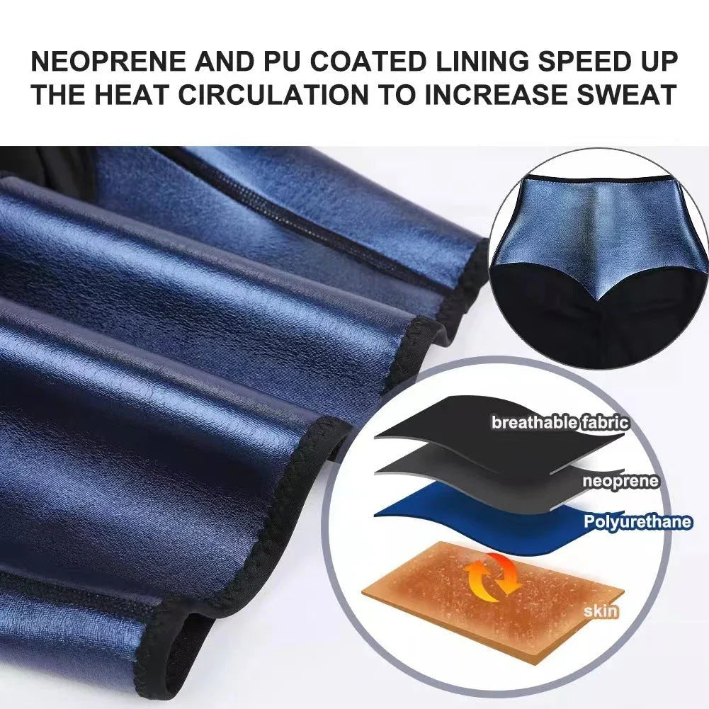 Premium slimming pants in silver and blue colors, featuring neoprene fabric and compression technology for a sculpted, hourglass silhouette