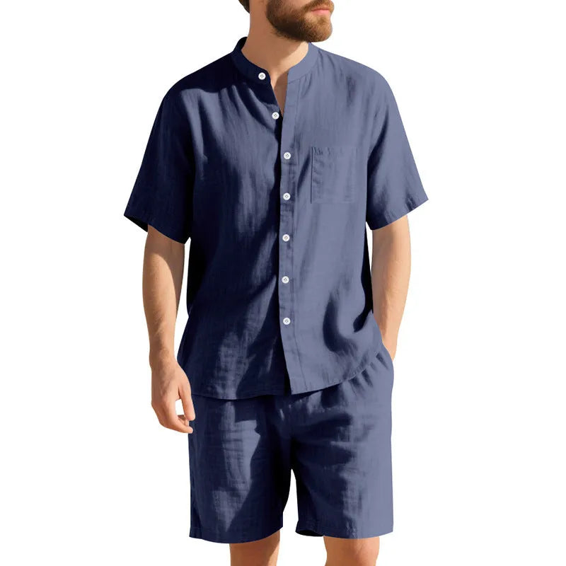 Men's light blue linen blend summer suit with short sleeve Henry collar jacket and matching shorts
