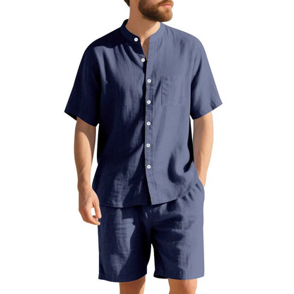 Men's light blue linen blend summer suit with short sleeve Henry collar jacket and matching shorts