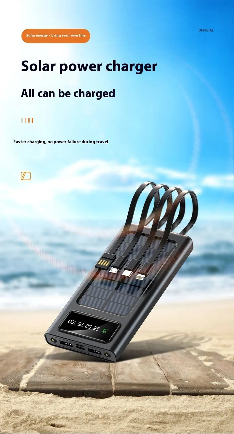 Portable solar power bank with 20000mAh capacity in black or white plastic casing