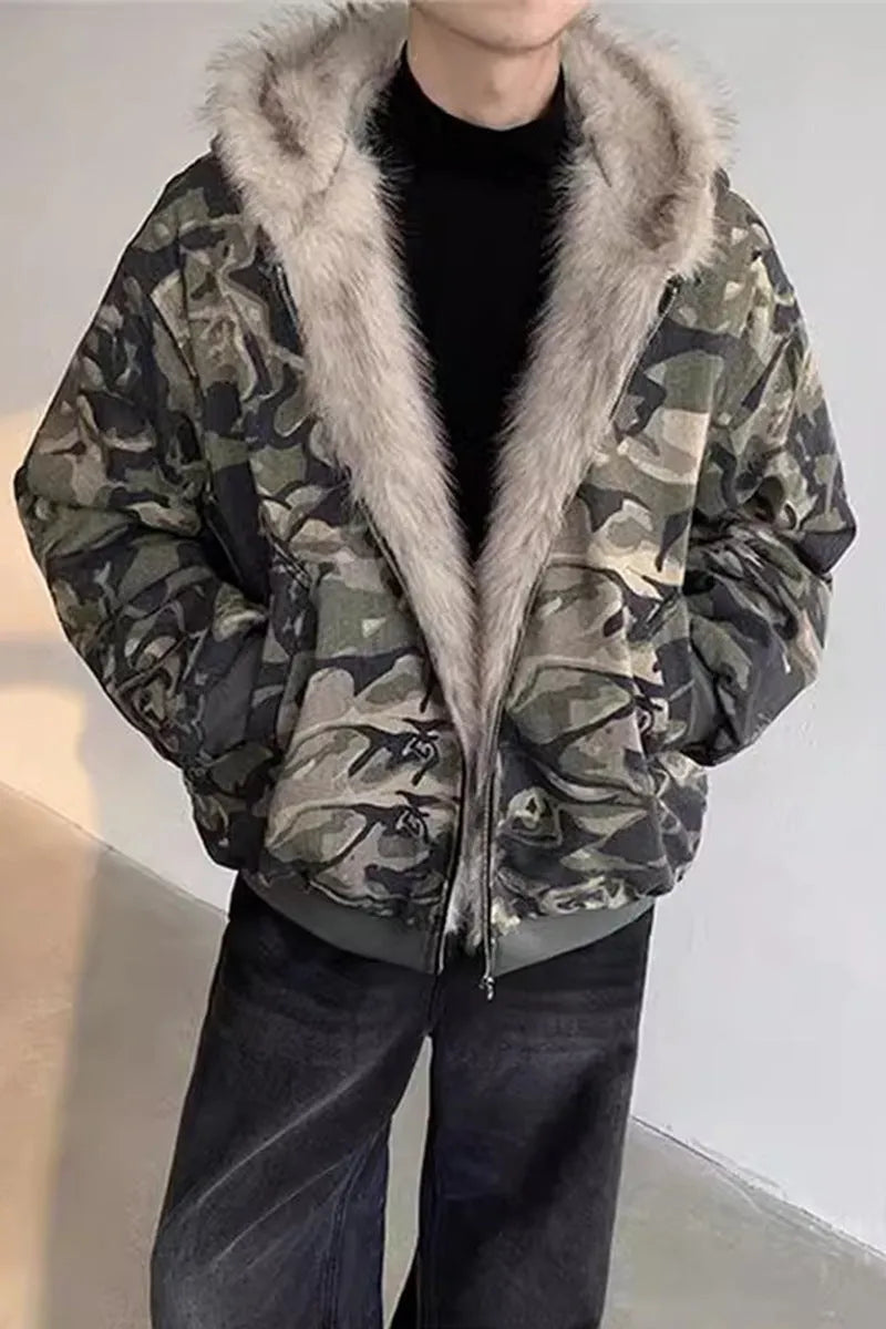 Men's retro washed camouflage hooded jacket with fur collar, thickened cotton coat, loose fit, sizes S to XXXL