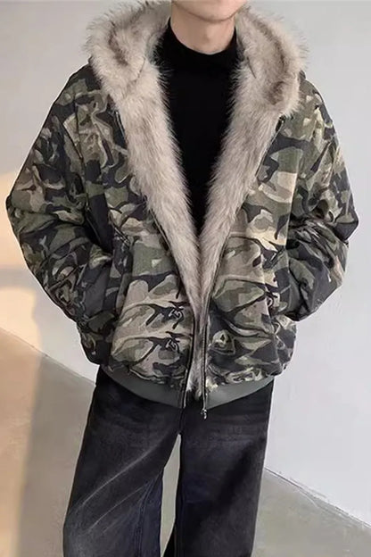 Men's retro washed camouflage hooded jacket with fur collar, thickened cotton coat, loose fit, sizes S to XXXL