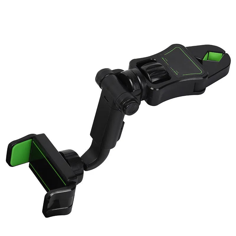 Black and green car phone holder mounted on rear view mirror bracket with AR navigation pillow design