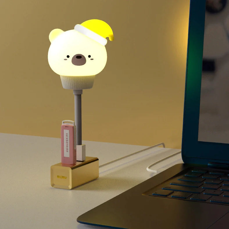 USB portable LED night light with cartoon animal design showing three brightness levels and remote control