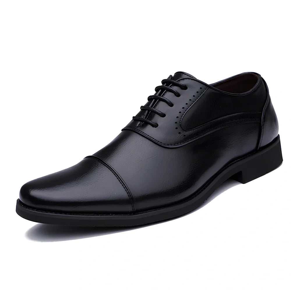 Men's black and brown casual leather shoes with sewing line detailing and rubber soles