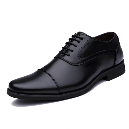 Men's black and brown casual leather shoes with sewing line detailing and rubber soles