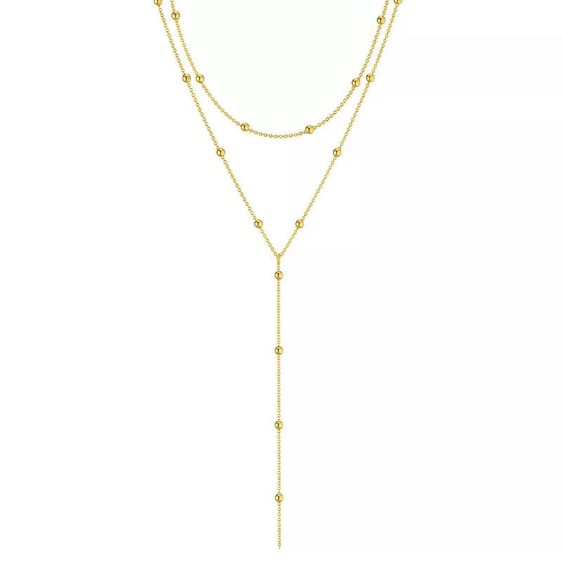 Geometric tassel clavicle necklace with round beads in gold and silver