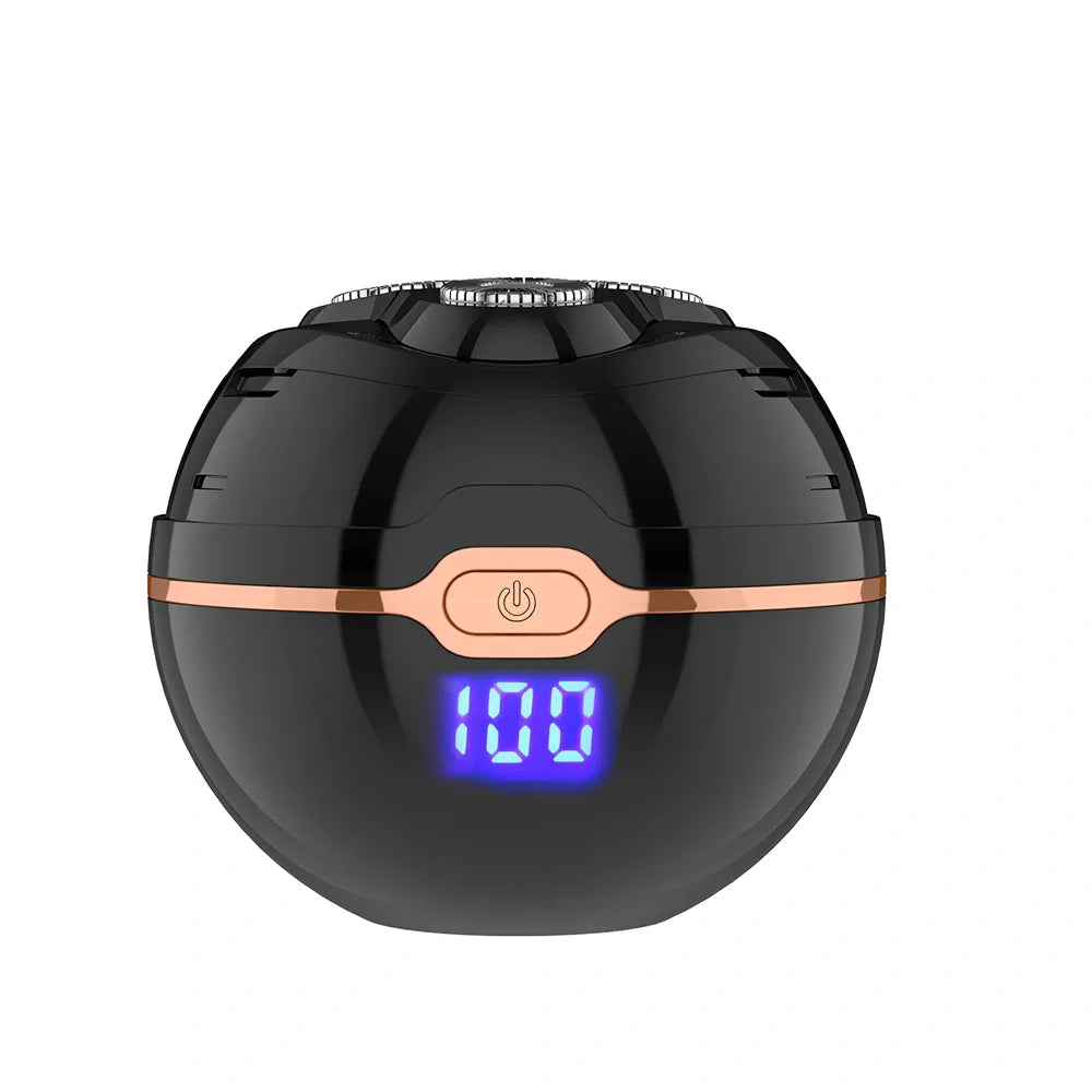 Black spherical wireless shaver with magnetic cutter heads on charging base showing digital battery display
