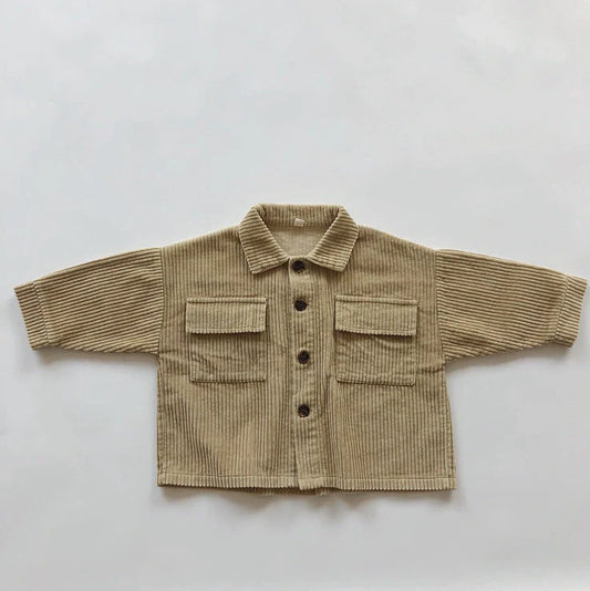 Vintage brown coffee corduroy cardigan jacket on child showing single-breasted placket and ribbed texture