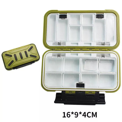Double-layer spring fishing accessory box in army green, orange, black, and grey colors