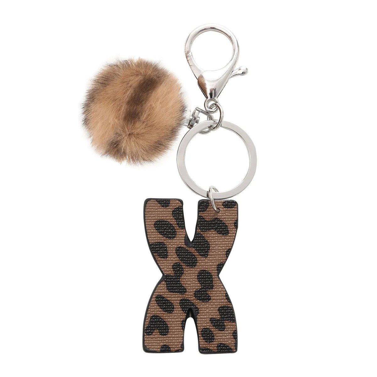 Leopard-print artificial leather keychain with oil-edged acrylic letter and included key ring, retro style