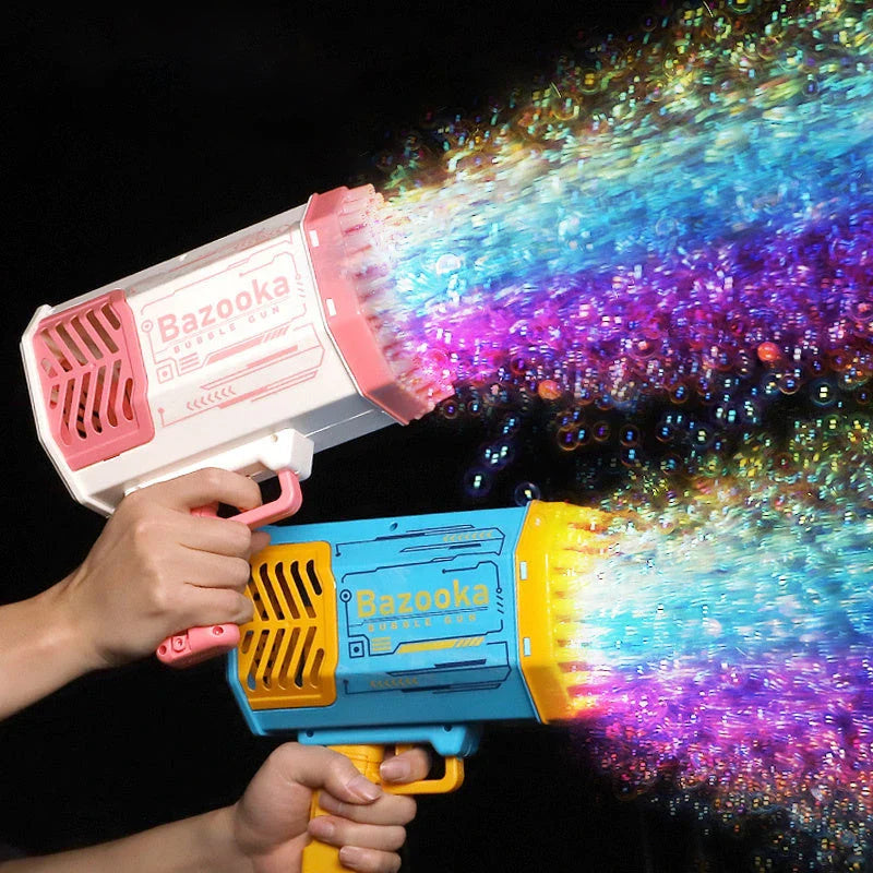 Powerful 69-hole bubble blasting rocket launcher with colorful LED lights for endless bubble-popping fun
