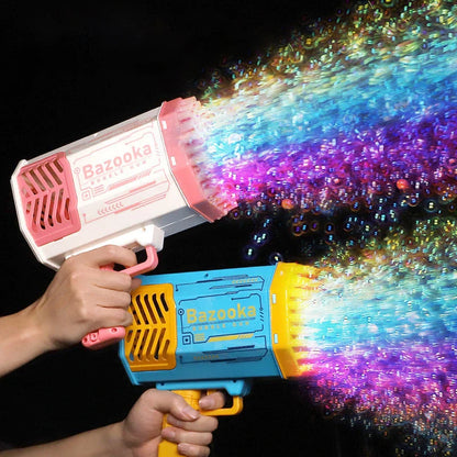 Powerful 69-hole bubble blasting rocket launcher with colorful LED lights for endless bubble-popping fun