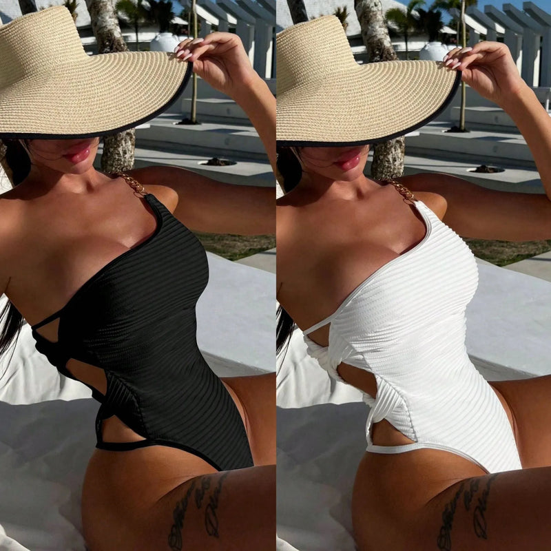 Women's one-piece swimsuit solid colour beige black polyester swimming wading S M L sizes with Asian sizing guidance and colour variation notice for practical water wear