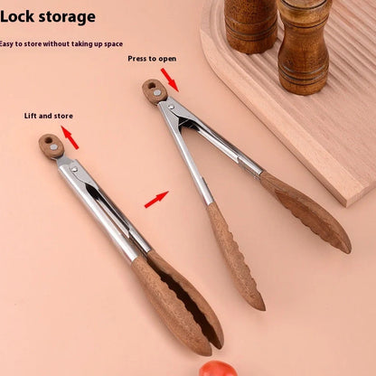 Stainless steel barbecue food tong with wood handle showing clamp mechanism and length measurement