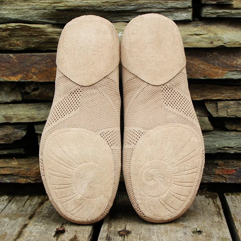 Camel coloured contemporary dance shoes with cotton mesh upper and leather sole for latin dance