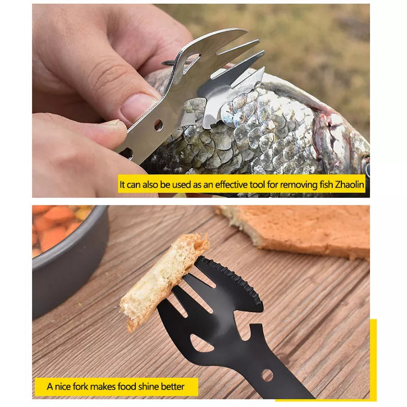 Stainless steel multifunctional fork spoon with bottle opener for outdoor adventures