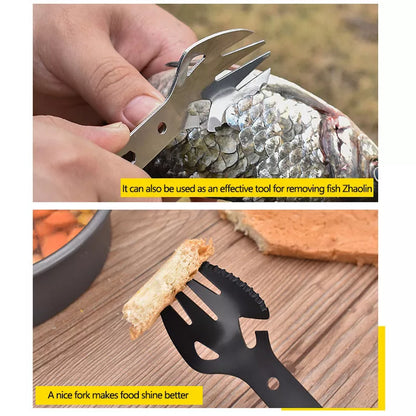 Stainless steel multifunctional fork spoon with bottle opener for outdoor adventures