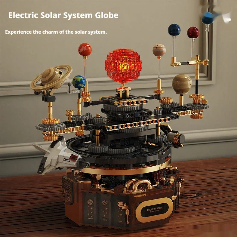 Electric building blocks solar system model with rotating Earth instrument and flashing LED lights, featuring 200+ ABS plastic pieces for hands-on astronomy education and STEM learning