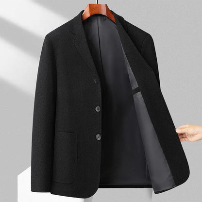 Men's loose-fit woolen coat in black, khaki, gray, or dark blue, made from polyester fabric for spring and autumn wear