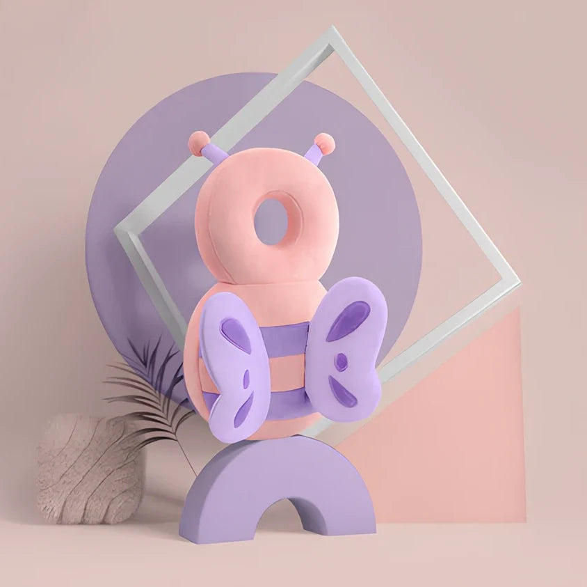 Toddler head protection pad with animal character design showing 33cm by 19cm dimensions