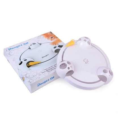White automatic cat toy with 32cm rotating platform on hardwood floor