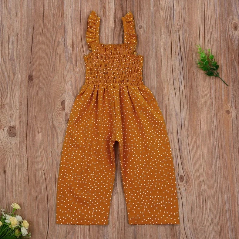 Brown polka dot sleeveless jumpsuit on child, showing non-hooded design and thin fabric suitable for heights 90-130cm