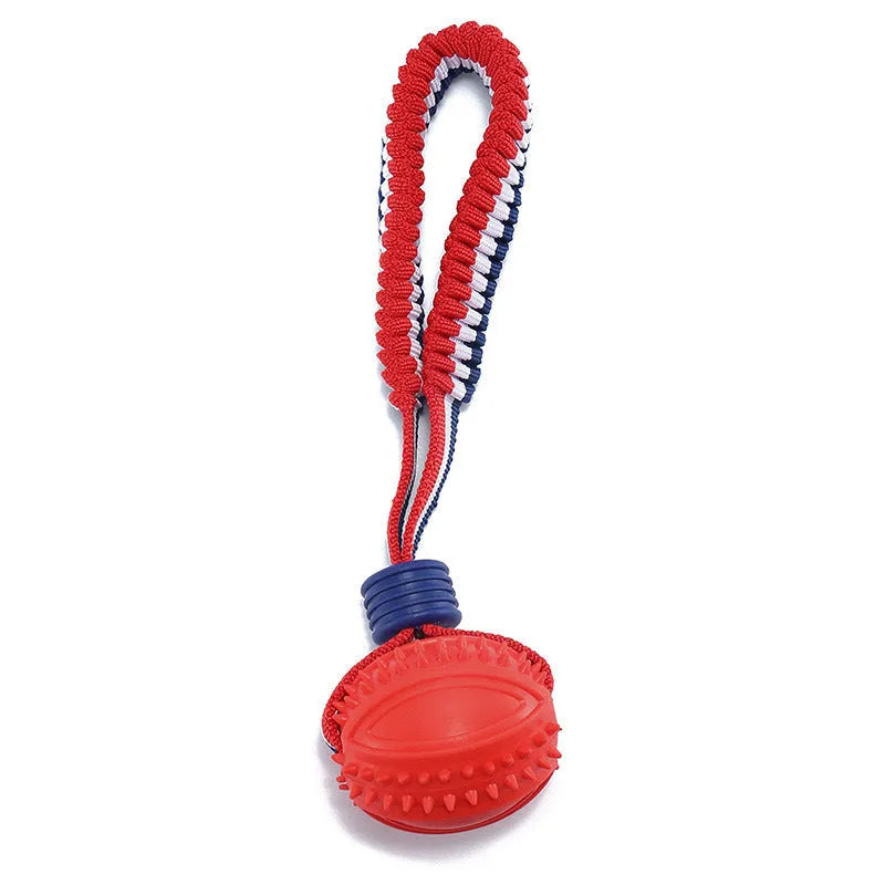 Blue dog ball with rope toy showing 6.5cm textured rubber ball attached to 29cm rope for dental cleaning and tug-of-war
