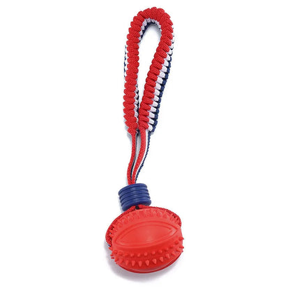 Blue dog ball with rope toy showing 6.5cm textured rubber ball attached to 29cm rope for dental cleaning and tug-of-war