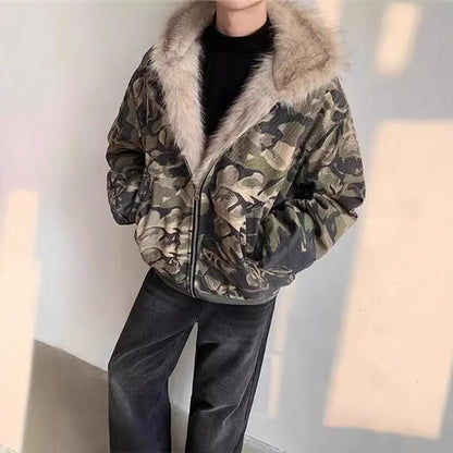 Men's retro washed camouflage hooded jacket with fur collar, thickened cotton coat, loose fit, sizes S to XXXL