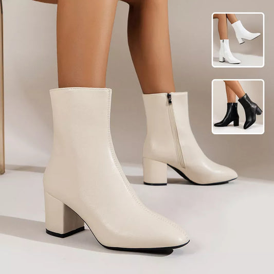 Women's chunky heel pointed toe boots with side zipper in four colors