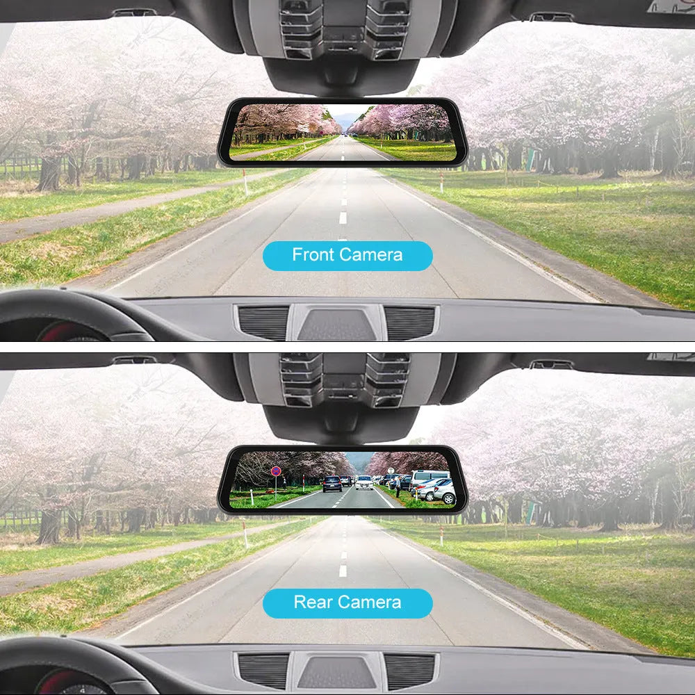 9.66-inch car dash cam mirror with touch screen displaying CarPlay interface and recording function