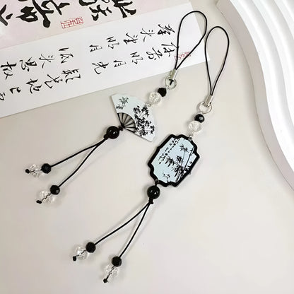 Guofeng Chinese style bead pendant keychain with detailed plants and flowers pattern on a metal clip.