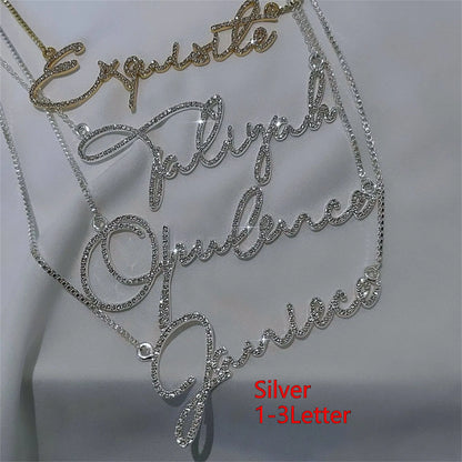 Stainless steel name necklace with diamond-studded English letters on adjustable chain in gold, rose gold, or silver