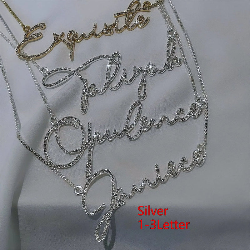 Name Necklace stainless steel English letter necklace with diamond studs, personalised choice of 1-15 letters available in gold, rose gold, or silver colour with adjustable chain length from 30cm to 60cm for a Korean-style fashion accessory