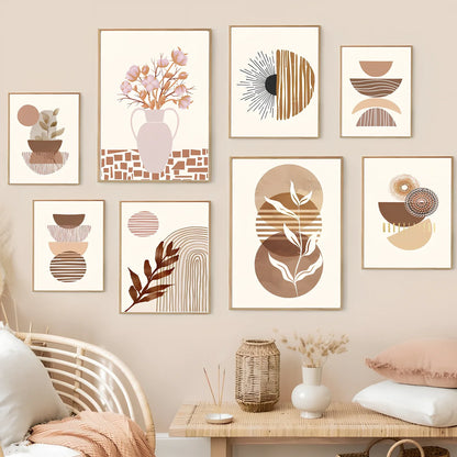 Line Leaves geometric abstract boho painting on canvas with frameless design showing precise dimensions