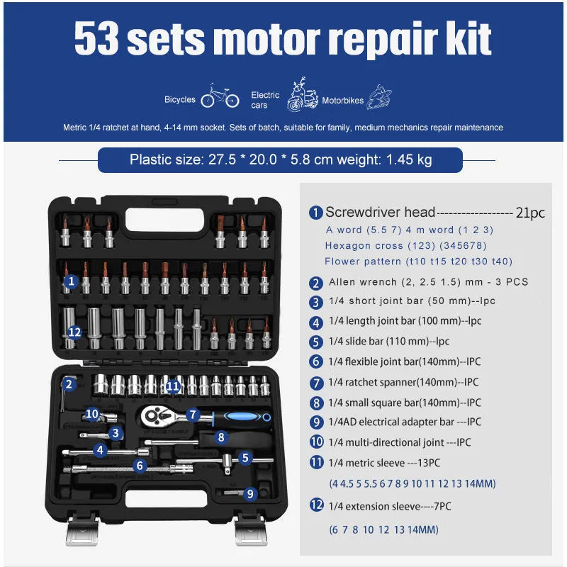 46-piece socket ratchet wrench set with Cr-V steel construction and 72-tooth ratchet mechanism for DIY repairs