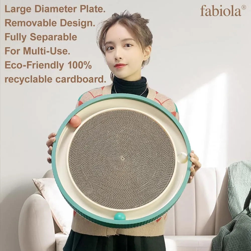 Green cat scratching board with 45cm diameter, high-density cardboard, and integrated ball toys for indoor cats
