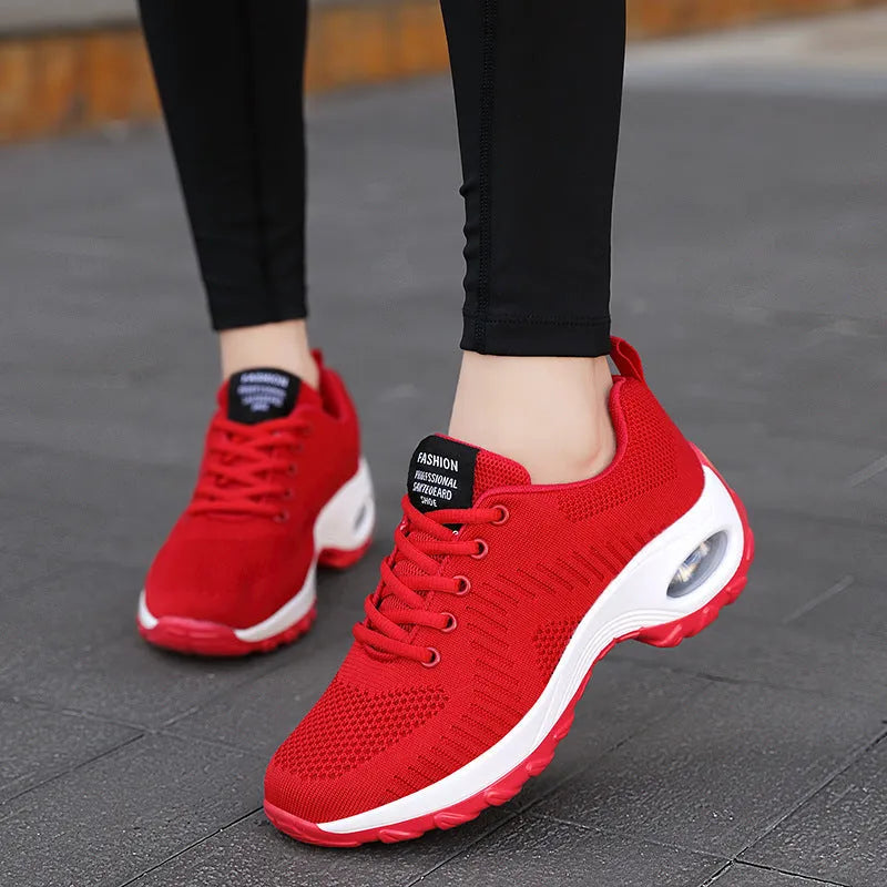 Women's red and black mesh sneakers with round toe, front lace-up, and 3-5cm mid heel on PU sole