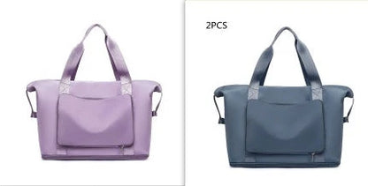 Roomy and foldable gym bag for women with waterproof Oxford fabric, multiple pockets, and wet/dry separation compartment