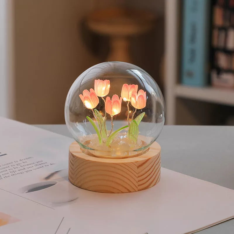 Handmade DIY tulip LED night light with adjustable flowers on wooden base