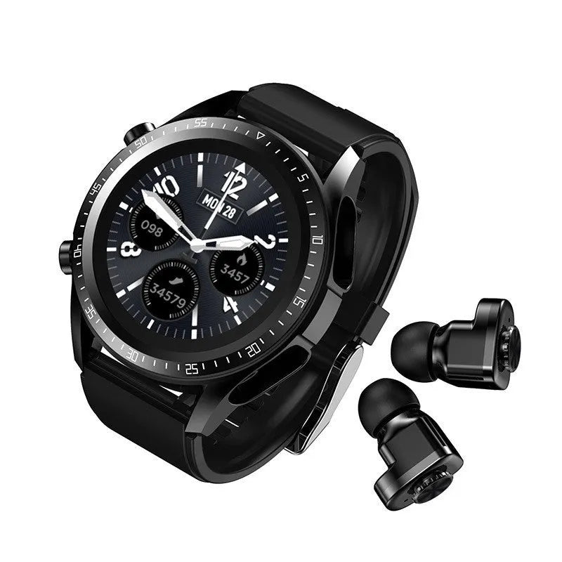 Smart watch with blood pressure and oxygen monitoring, Bluetooth multifunctional health tracker featuring 1.28-inch TFT touchscreen, silicone strap, 7-day battery life, and includes TWS earphones in black colour.