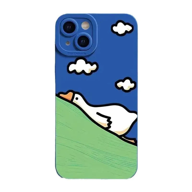 Black silicone iPhone case with a raised carved cartoon duck design on the back.
