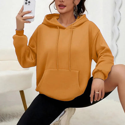 Women's loose grey sweatshirt with drawstring neck and front pocket, long sleeves, available in 17 colours