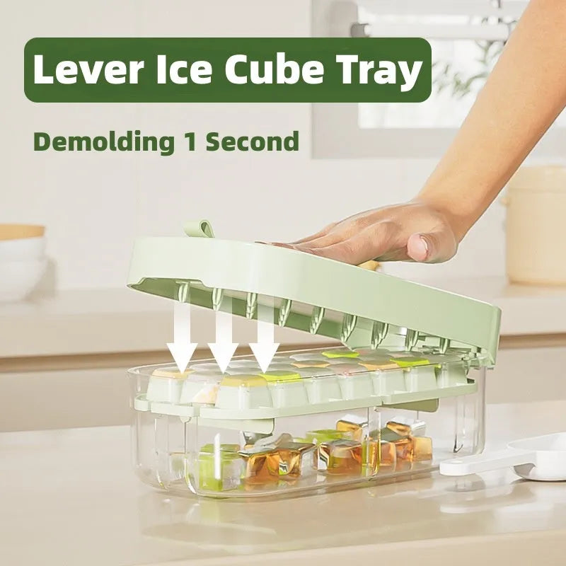 Ice cube tray with grid pattern and leverage demolding system in blue colour with included ice shovel