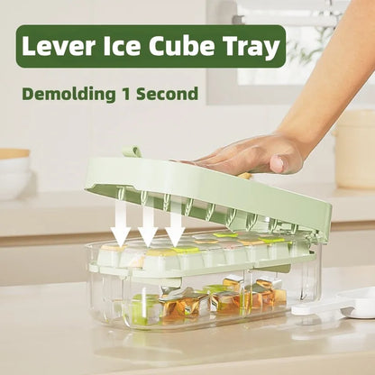 Ice cube tray with grid pattern and leverage demolding system in blue colour with included ice shovel