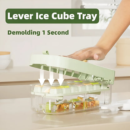 Yellow and blue food grade plastic ice cube trays with ice shovel stored in dedicated slot