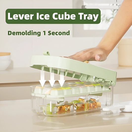 Yellow and blue food grade plastic ice cube trays with ice shovel stored in dedicated slot