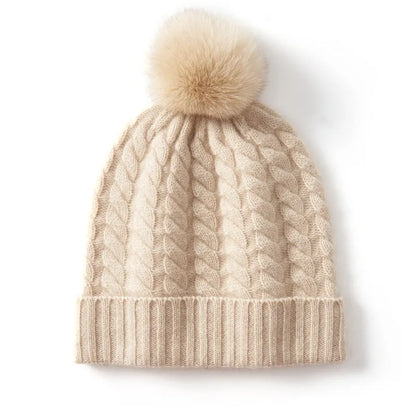 Women's cashmere knitted hat with fur ball in white velvet colour, average size, autumn winter accessory