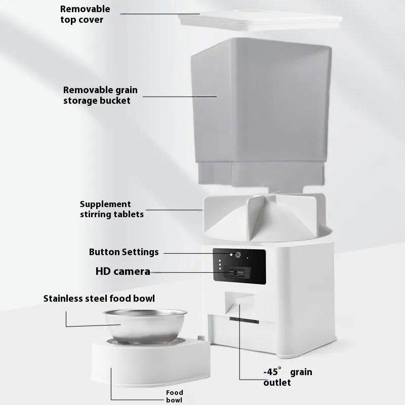 Intelligent pet feeder with stainless steel bowl and 5L capacity for dogs and cats